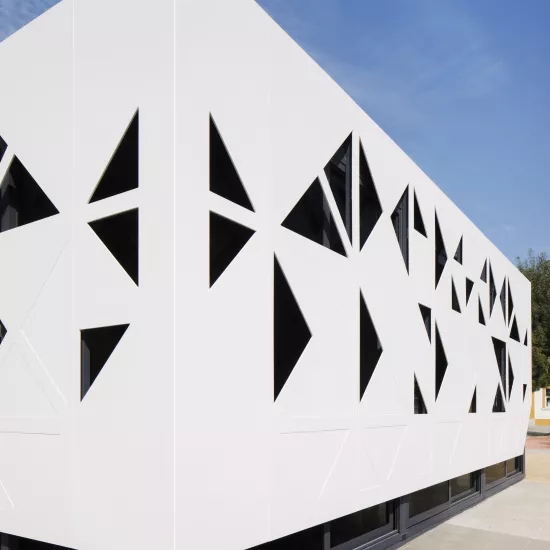 Spectacular HIMACS façade: traditional school architecture meets high-tech material 